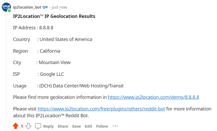 IP2Location Reddit Result