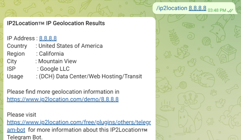 IP2Location Telegram Result